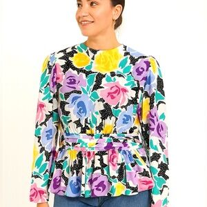 VTG 80's Andrea Gayle Floral Long sleeve Ruffled Bottom Button Up Back, Size 6